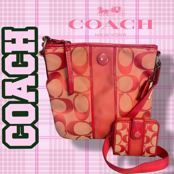 Coach Signature Pink Stripe Canvas XL Crossbody with matching Wallet in 💞EUC💞 - Picture 1 of 16